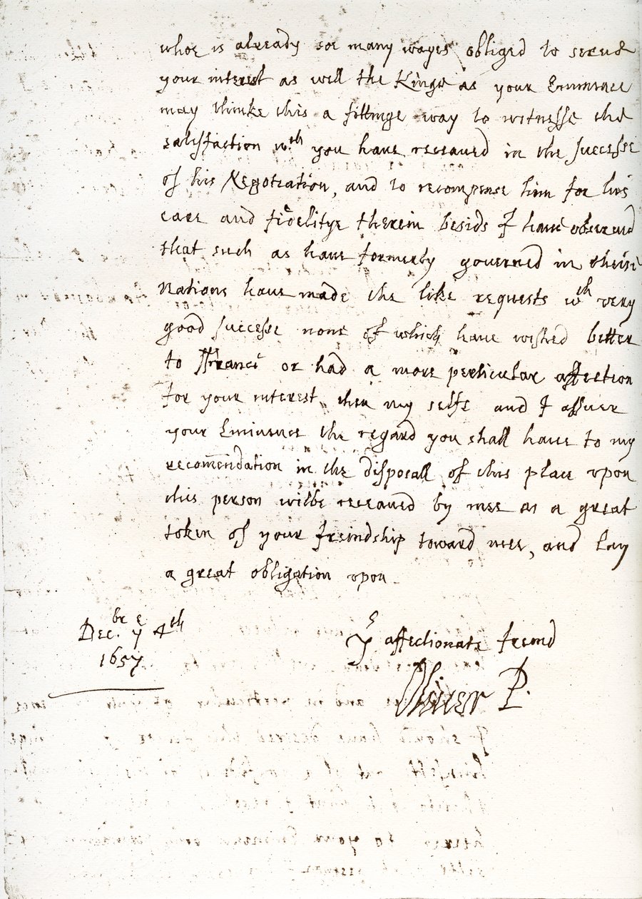A letter by Oliver Cromwell to Cardinal Mazarin, 4 December 1657 by Unbekannt