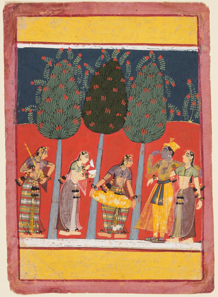 A Page from a Rasikapriya Series: Krishna and Radha and the Sakhis with Musical Instruments, c. 1650 by Unbekannt