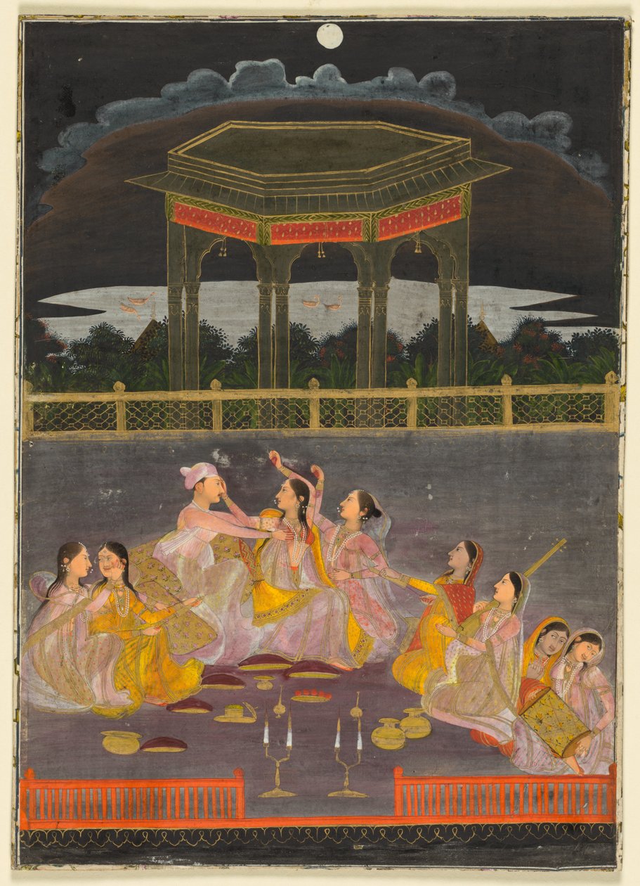 A prince celebrating Holi with palace women on a terrace at night by Unbekannt