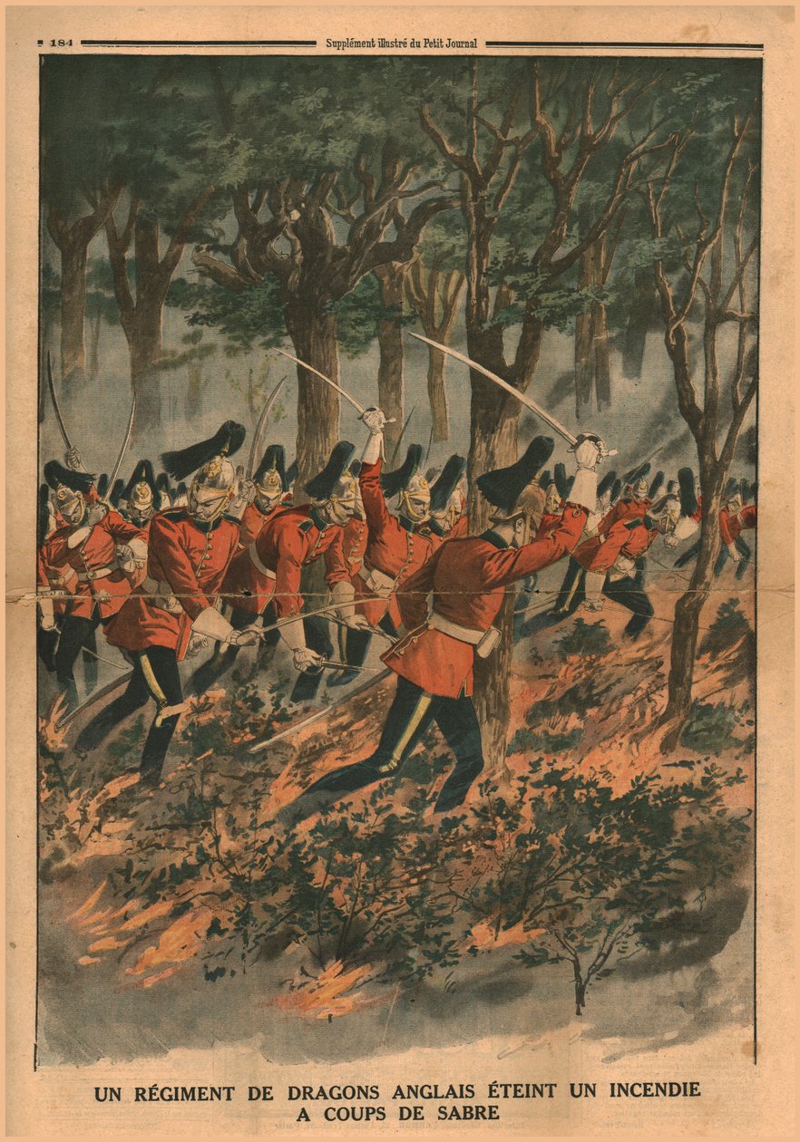 A regiment of English dragoons puts out a fire with sabre blows, 1914 by Unbekannt