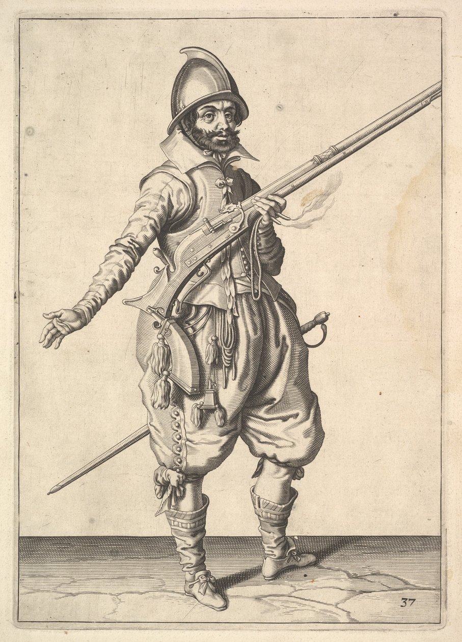 A soldier on guard freeing his right hand, from the Marksmen series, plate 37 by Unbekannt
