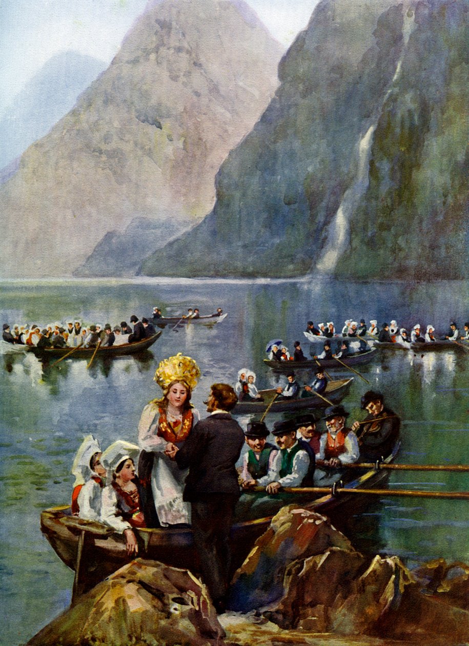A wedding procession on boats, Norway by Unbekannt