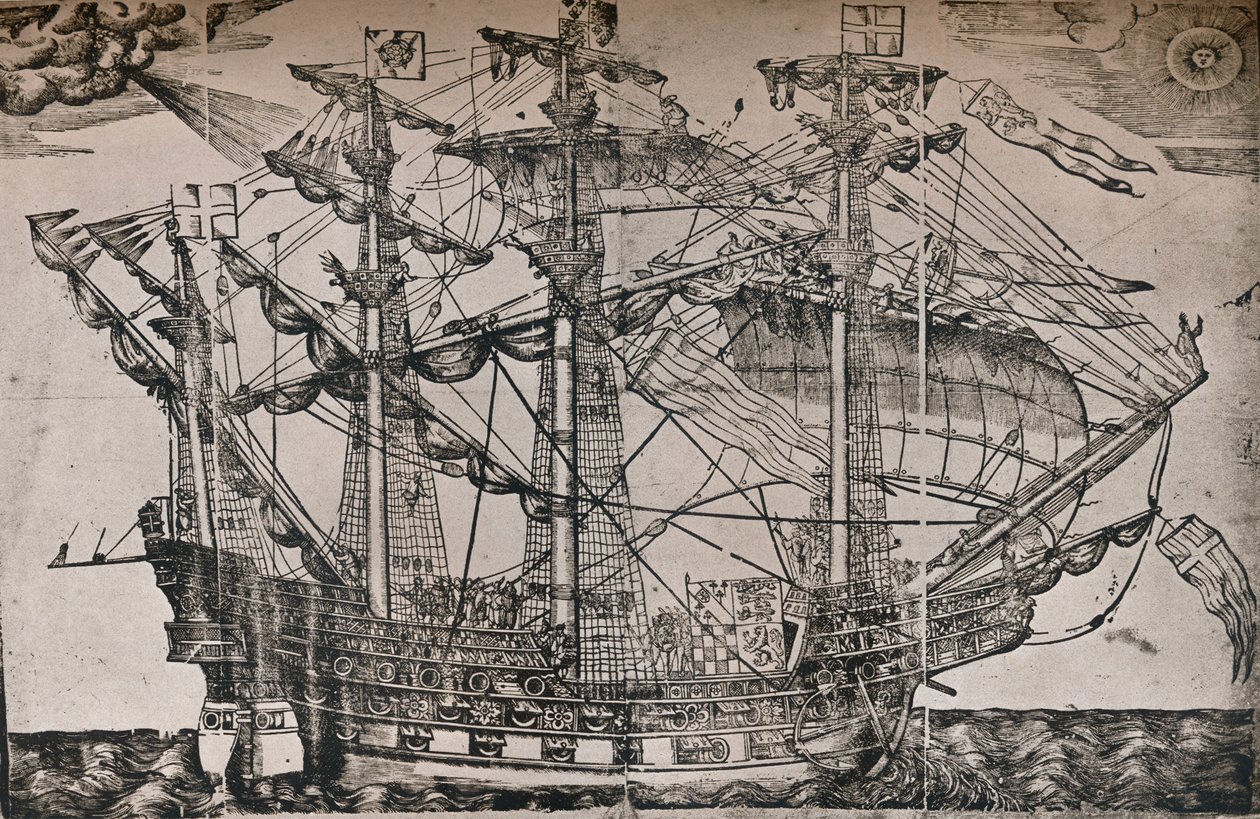 A woodcut of a ship which is believed to be The Ark Royal by Unbekannt