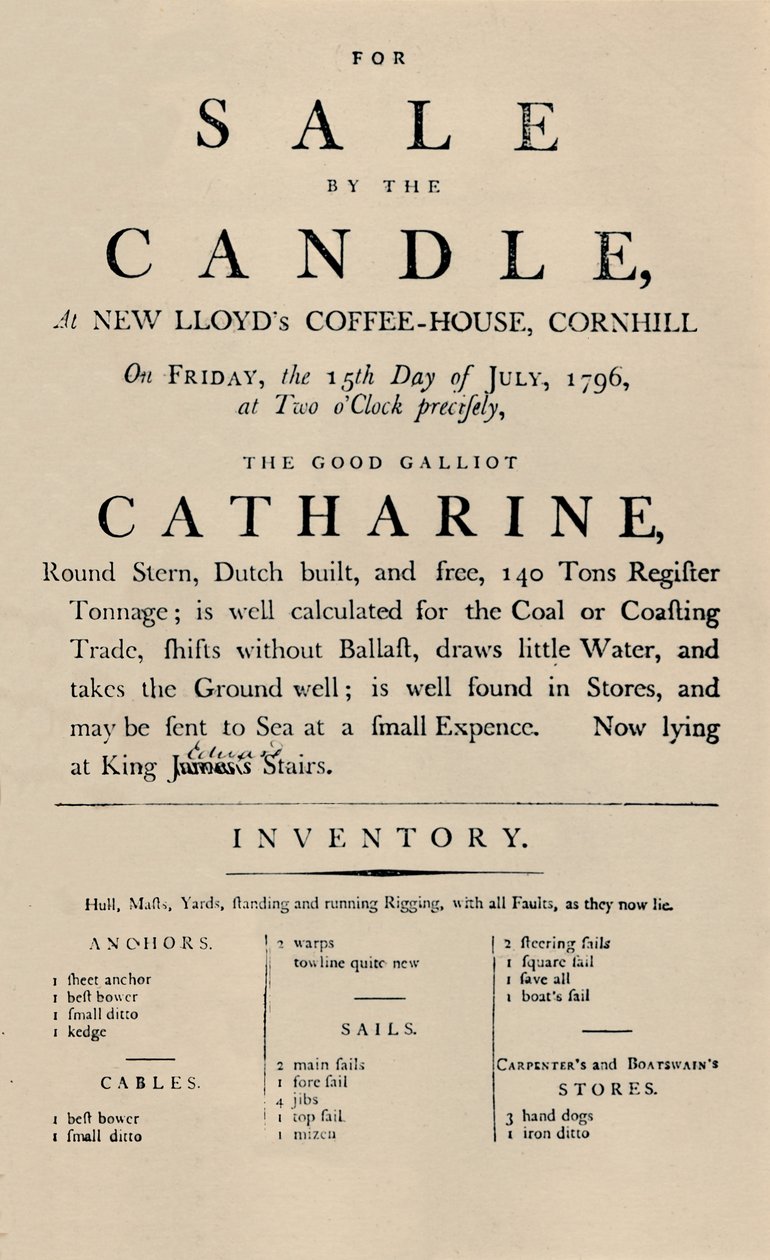 Advertisement of Sale by Candle at Lloyds, 1796 by Unbekannt