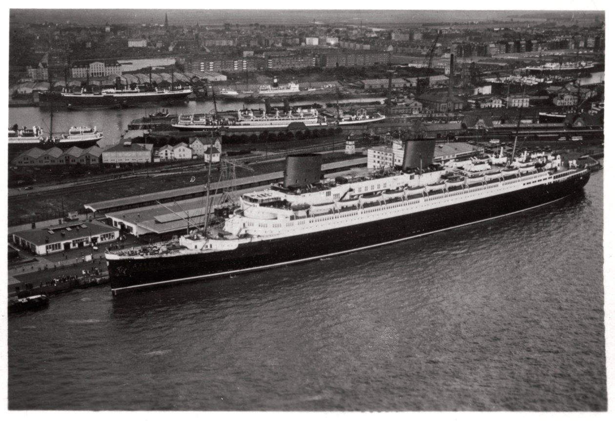 Aerial view of Bremen harbour, Germany, and the liner Europa, from a Zeppelin, c1931 by Unbekannt