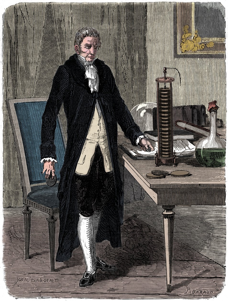 Alessandro Volta demonstrating his electric pile battery by Unbekannt