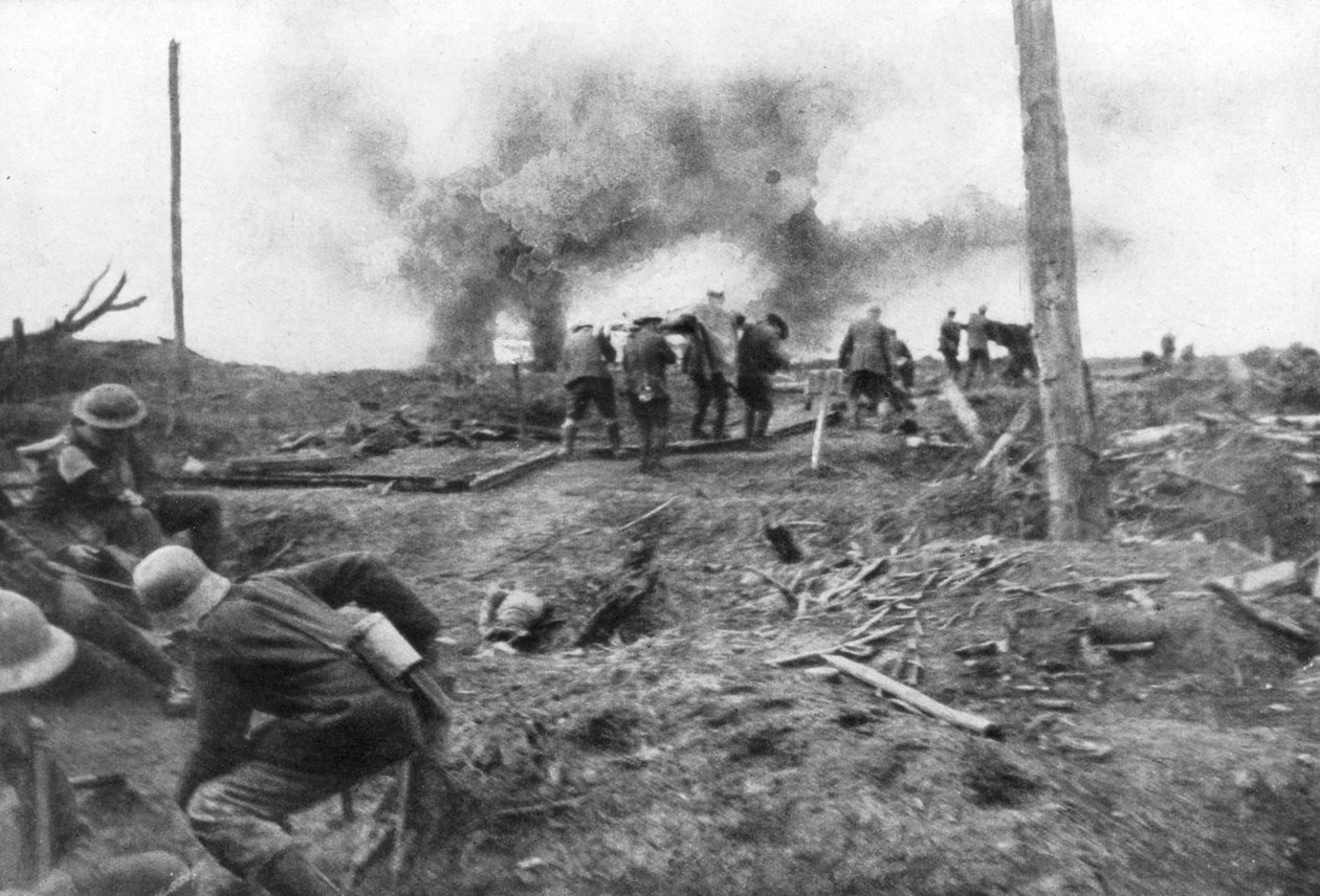 Allied Troops and German Prisoners at the Menin Road, Near Ypres, Belgium, 30 October by Unbekannt