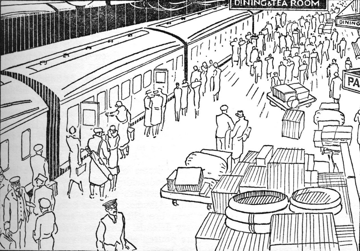 An illustration of a 1930s railway station by Unbekannt