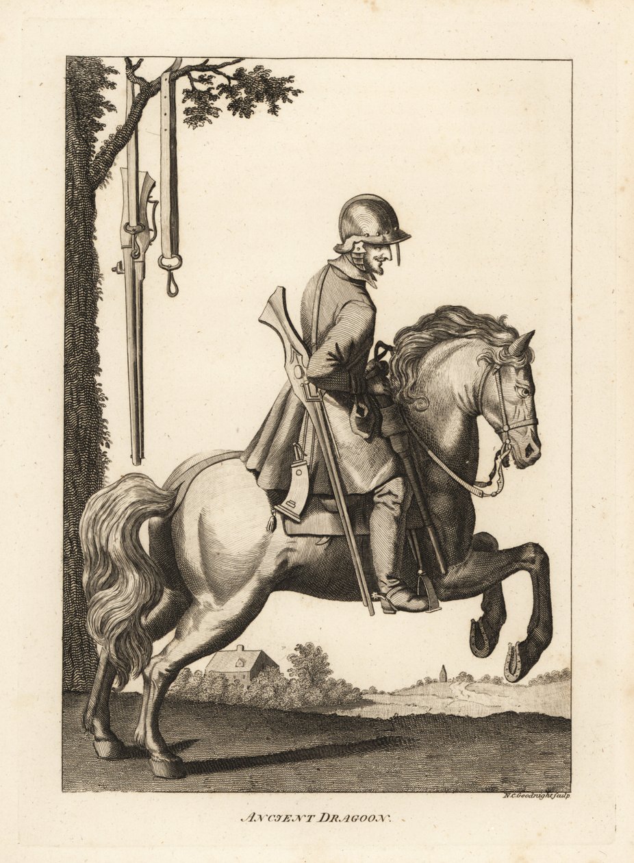 Ancient Dragoon on horseback with helmet, musket and gunpowder horn by Unbekannt