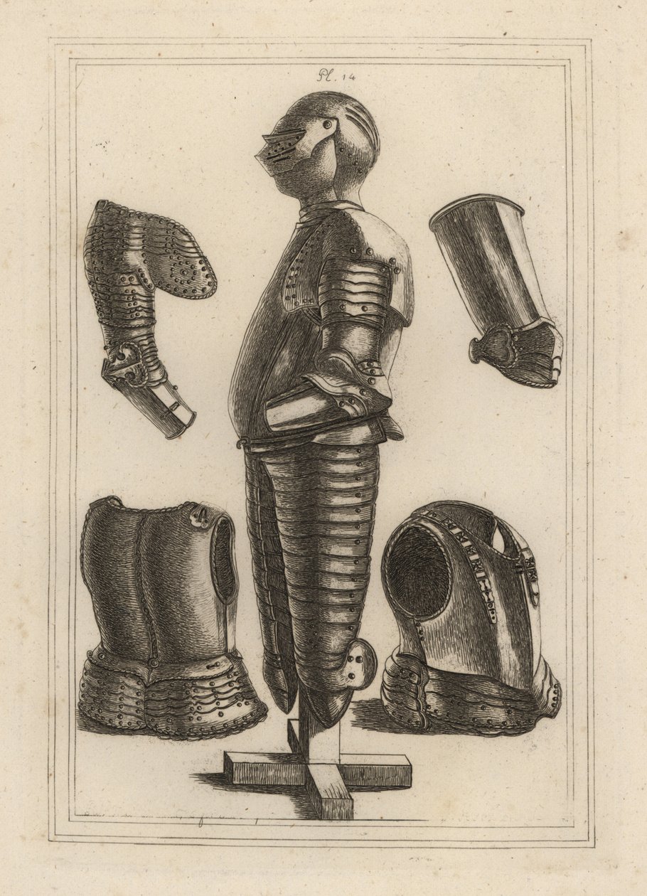 Ancient suit of bright armour for John de Courcy, Earl of Ulster, and pauldron, garde-brass, avant-brass or vambrace of Duke of Monmouth by Unbekannt