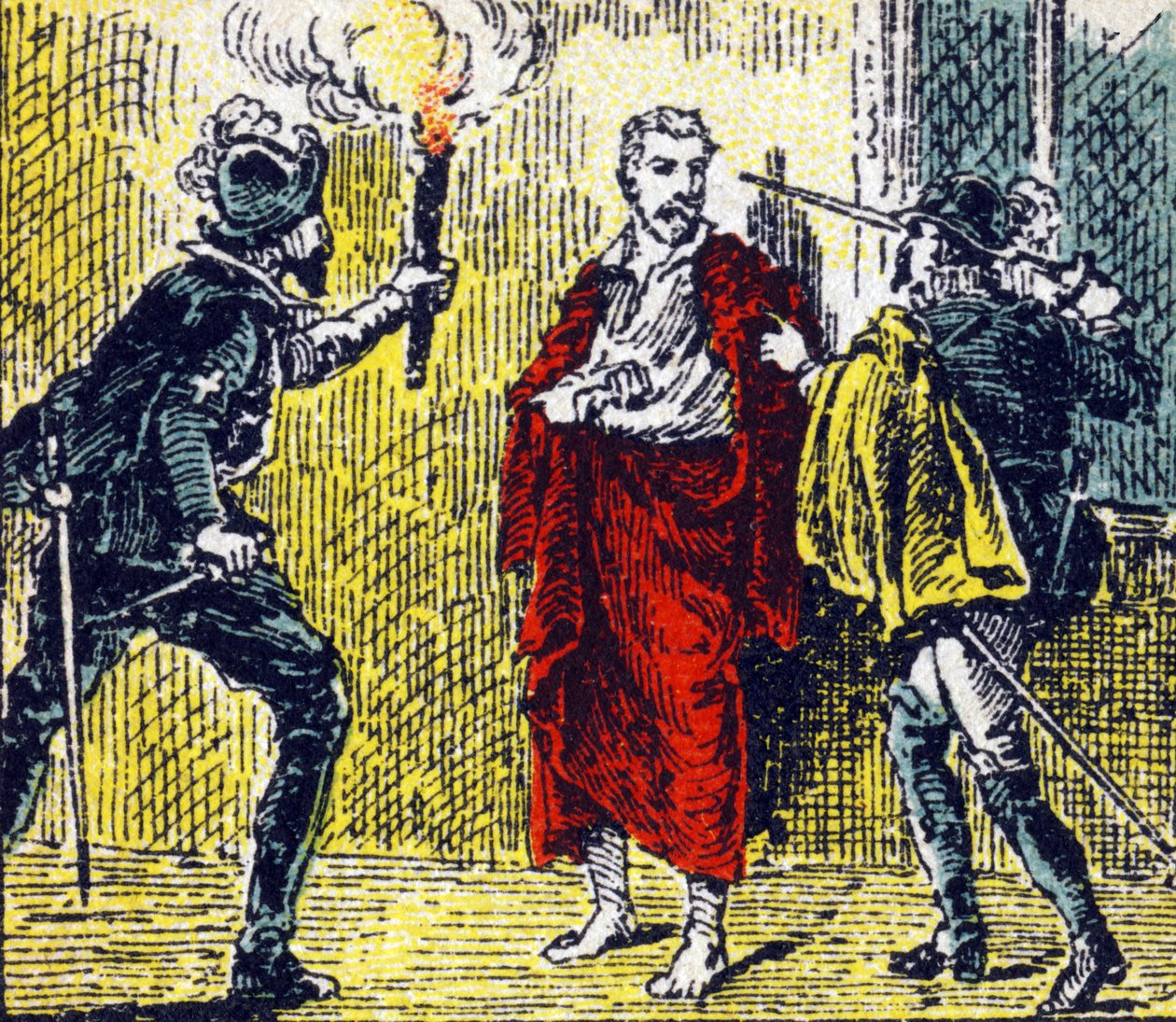 Assassination of Gaspard de Coligny during the massacres of Saint Barthelemy by a denomme Besme on 24 August 1572. Engraving in "Histoire de France". Series of advertising images published on behalf of Louit, circa 1920. by Unbekannt