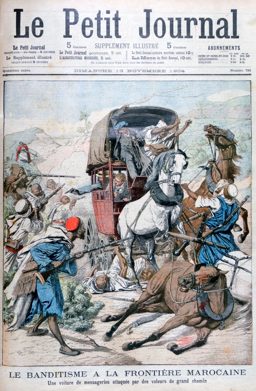 Bandits attacking a mail coach on the Moroccan frontier, 1904 by Unbekannt