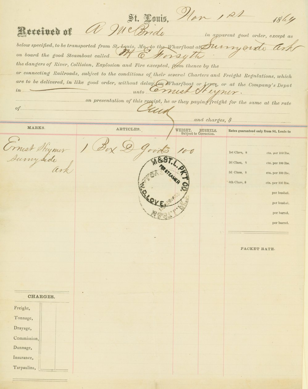 Bill of lading, steamboat M[ary] E. Forsyth, Sunnyside, Arkansas, November 1, 1864 by Unbekannt