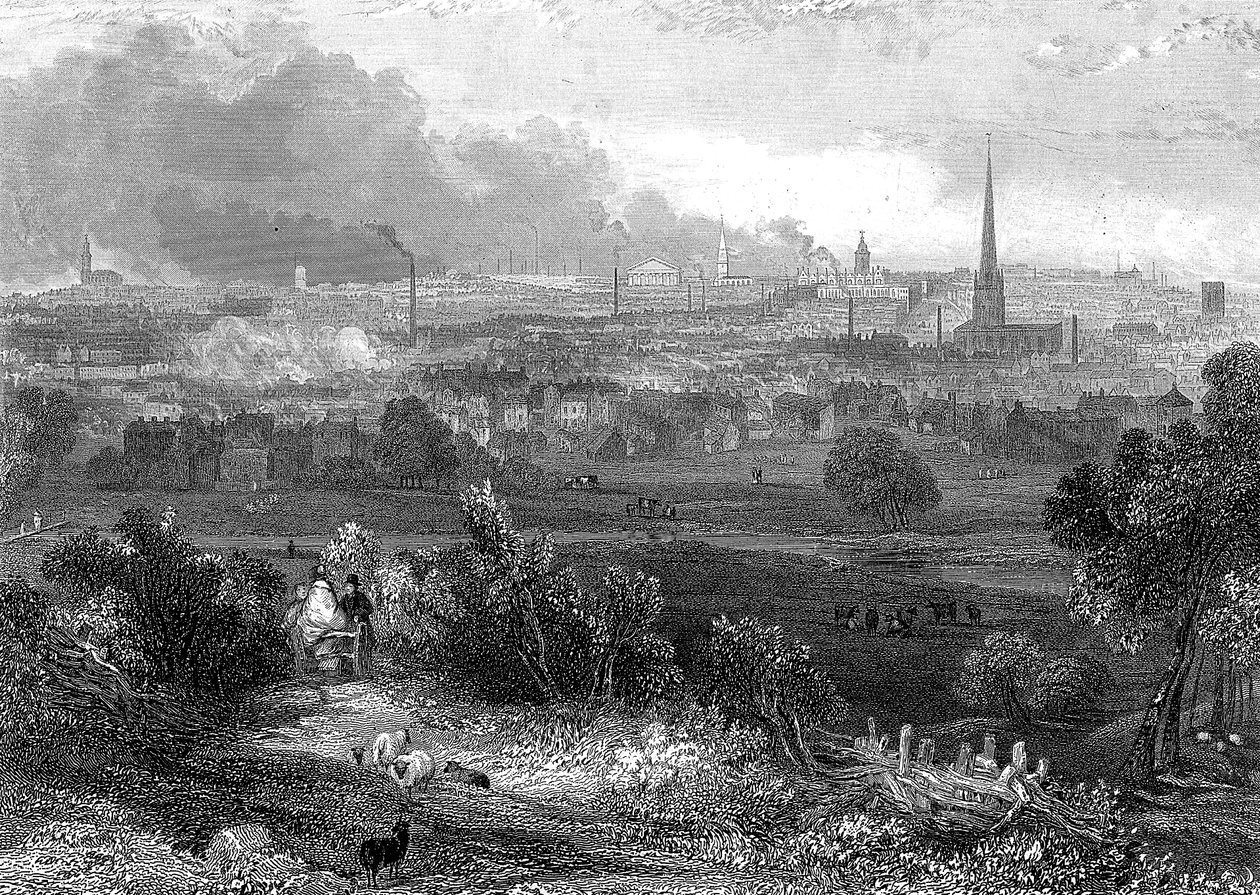 Birmingham viewed from the south showing smoking chimneys by Unbekannt