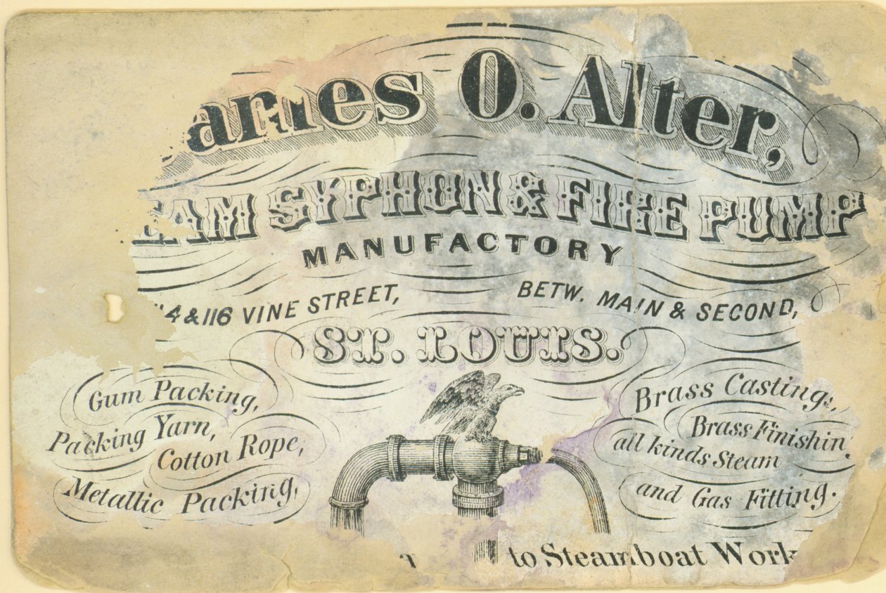 Business card of James O. Alter, steam syphon and fire pump manufactory, St. Louis, ca. 1870 by Unbekannt