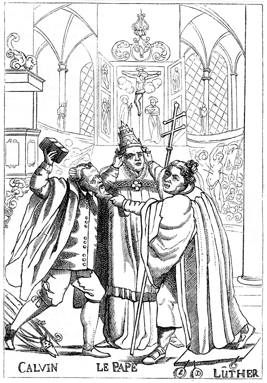 Calvin, Luther and the Pope Fighting Each Other by Unbekannt