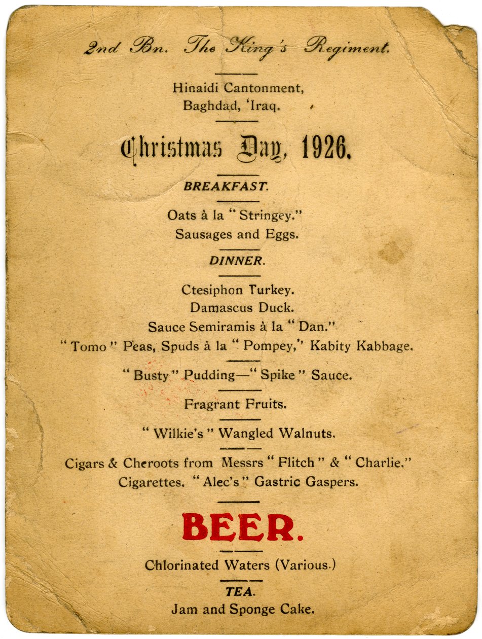 Christmas Day menu, 2nd Battalion the Kings Regiment, Iraq, 1926 by Unbekannt