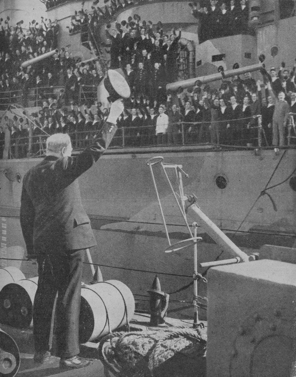 Churchill responds to the cheers from the crew of HMS Prince of Wales by Unbekannt