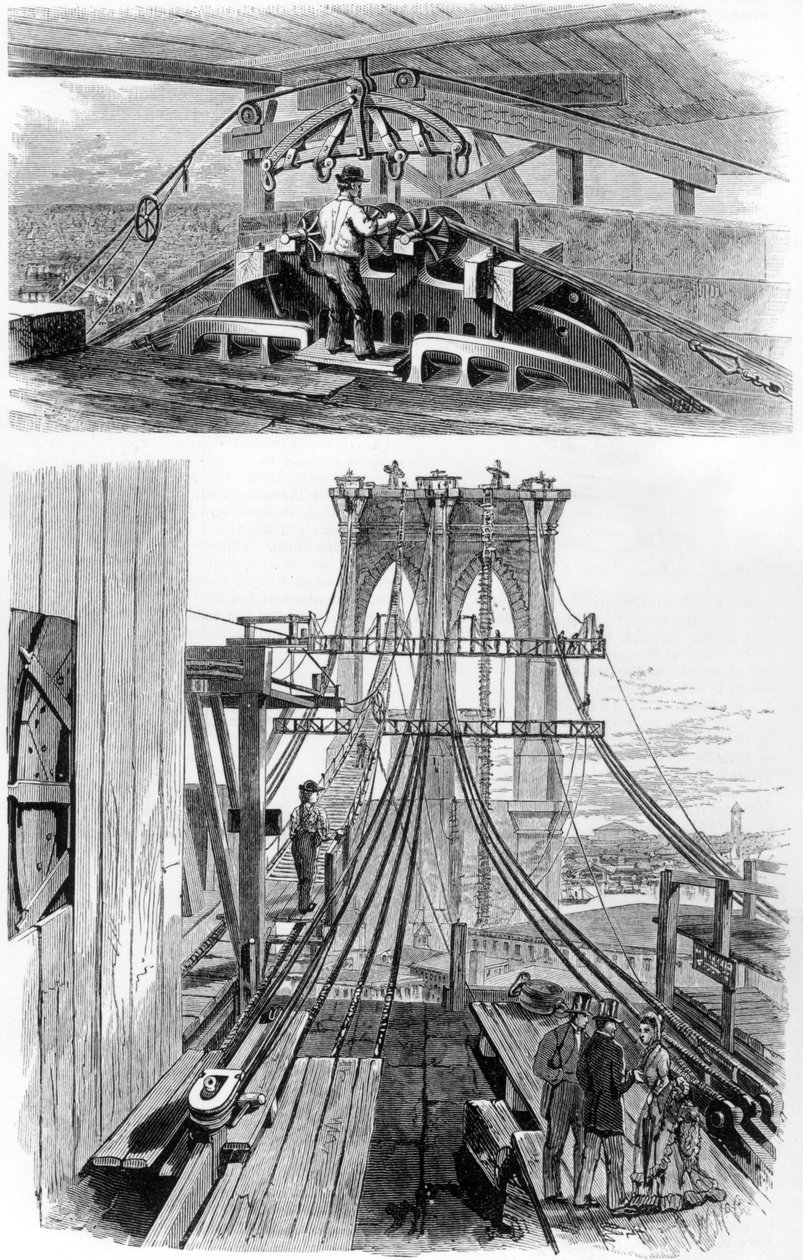 Construction of the Brooklyn Suspension Bridge, New York, USA by Unbekannt