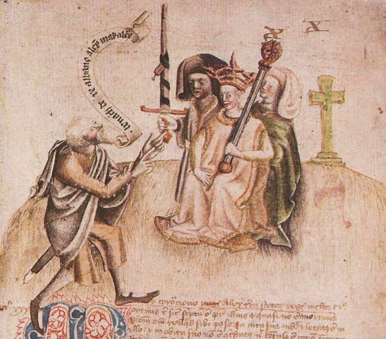 Coronation of King Alexander III on Moot Hill, Scone. From manuscript of the Scotichronicon by Walter by Unbekannt