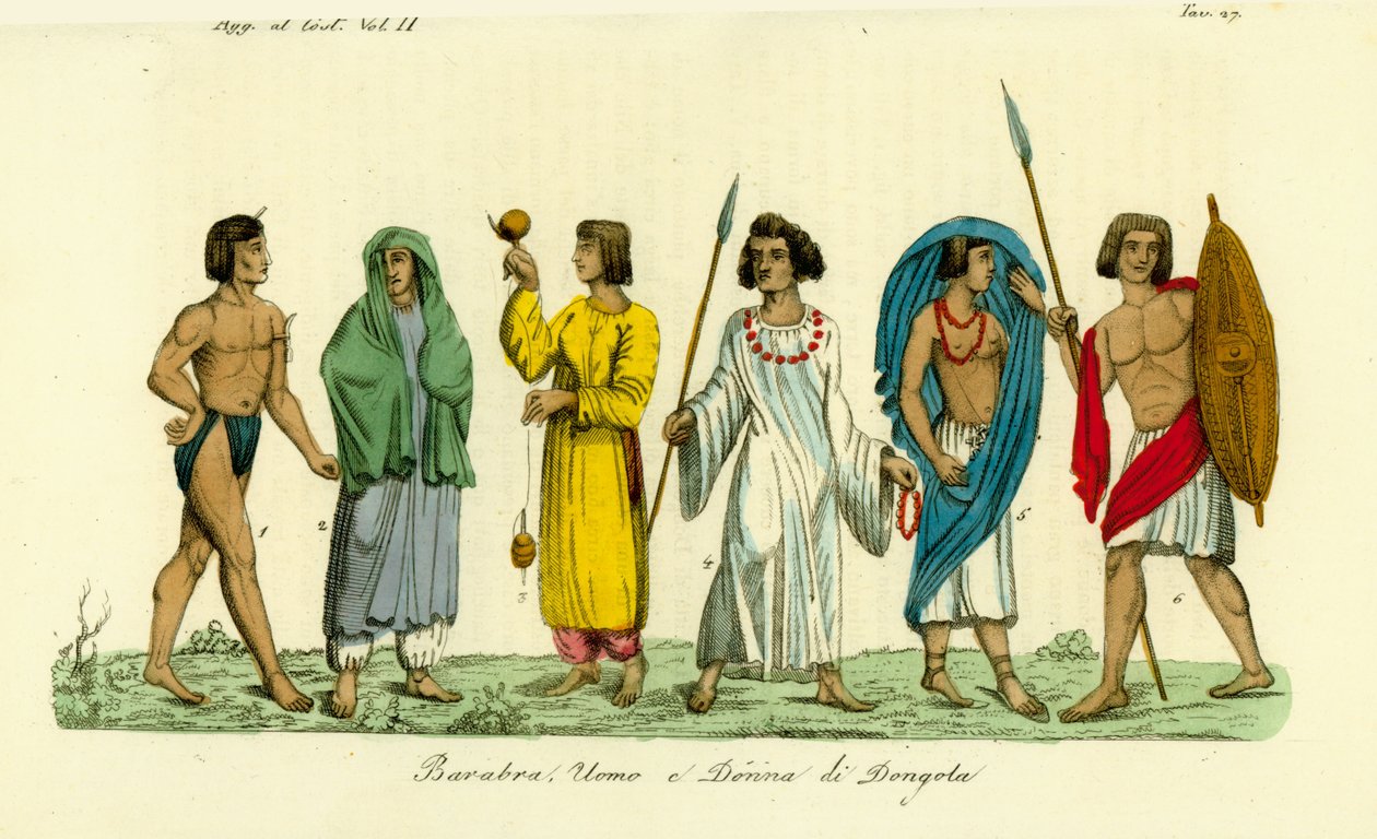 Costumes of men and women of the Nubian people of Dongola by Unbekannt