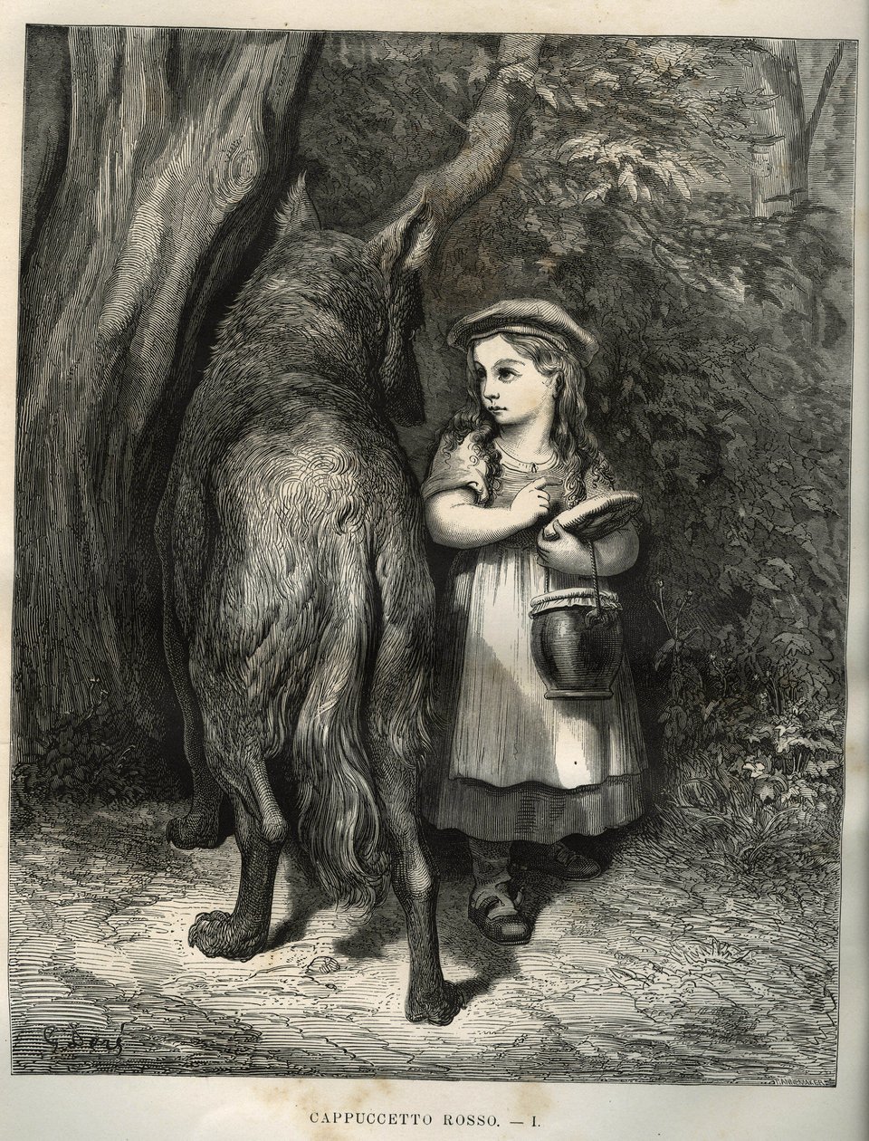 Crossing the woods, the little red riding hood meets the wolf. Engraving by Gustave Dore from 
