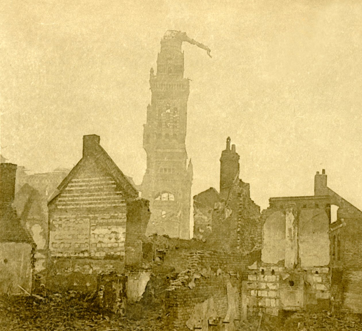 Damaged spire of Notre-Dame de Brebières, Albert, northern France by Unbekannt