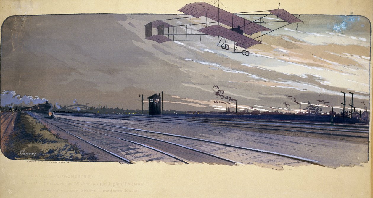 Early aviation: Louis Paulhan (1884-1963) flying over a railway track in his biplane during the 300km London/Manchester straight-line race on April 27-28, 1910 by Unbekannt