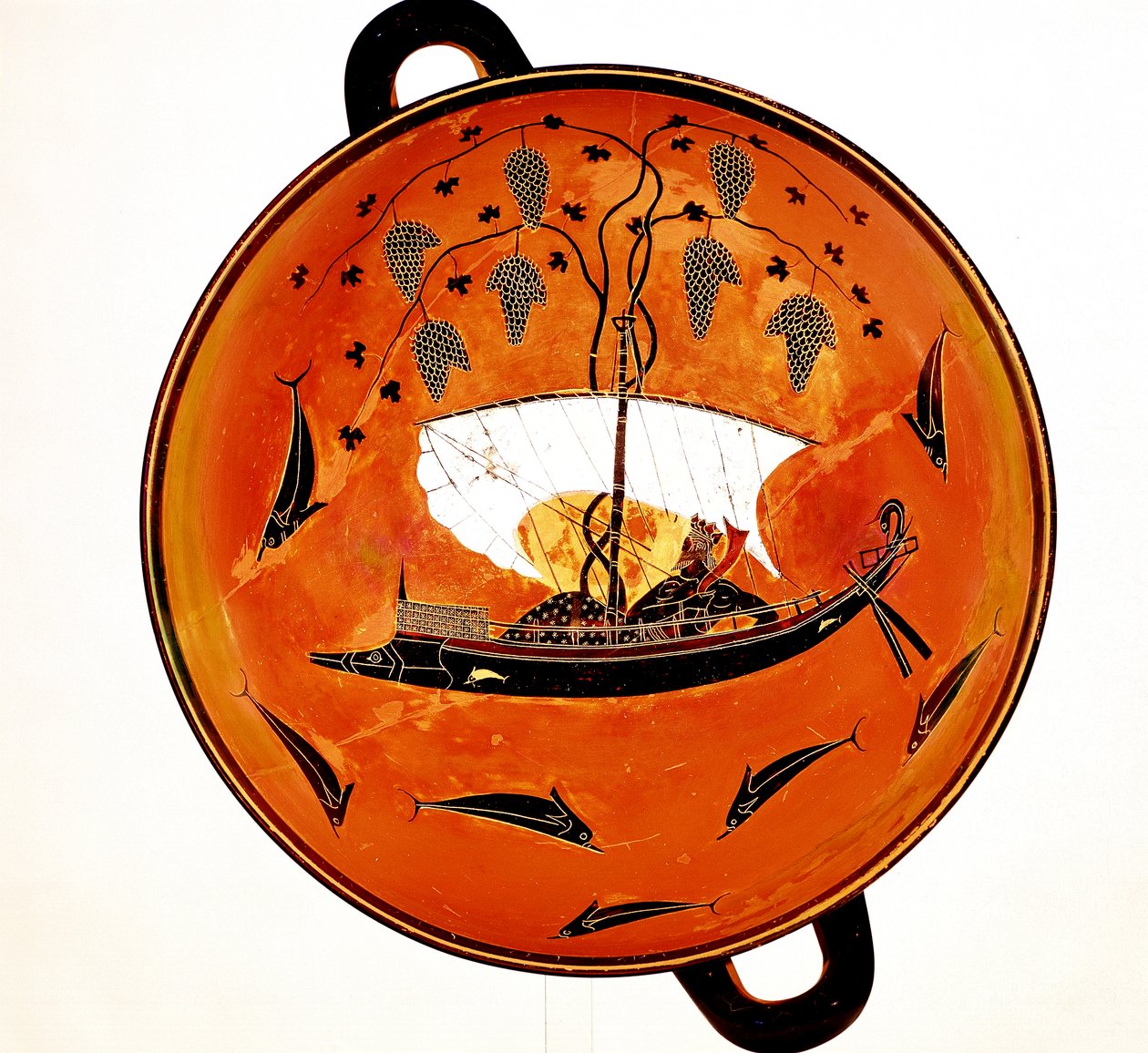 Dionysius in a sailing boat surrounded by dolphins, Ancient Greek dish Krater, 530 BC by Unbekannt