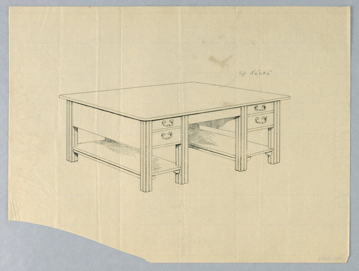 Drawing, Design for Massive Library Table with Square Fluted Legs and Open Stretcher Shelves by Unbekannt