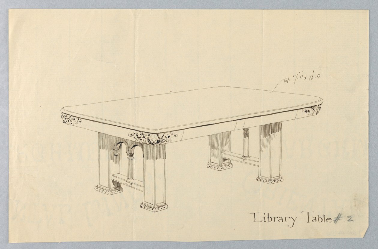 Drawing, Design for Rectangular Library Table #2 with Putti Faces Carved on Each of Rounded Corners by Unbekannt