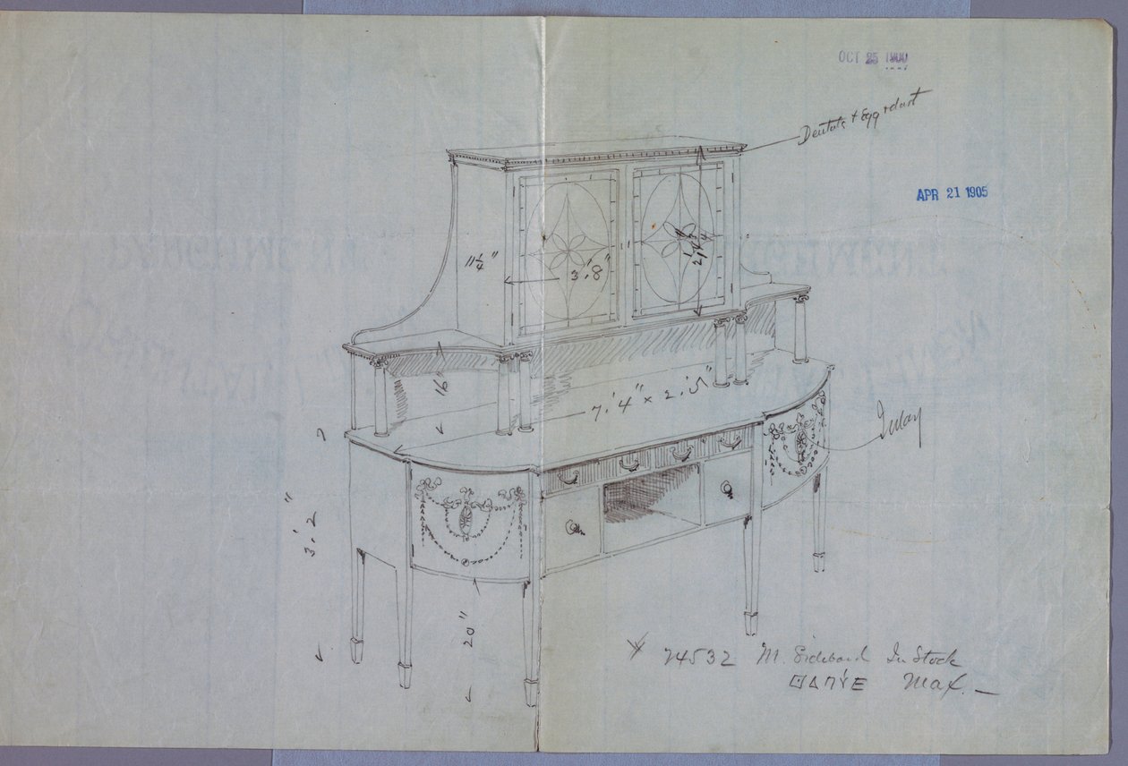 Drawing, Design for Sideboard with Glass Door Cabinet Above by Unbekannt