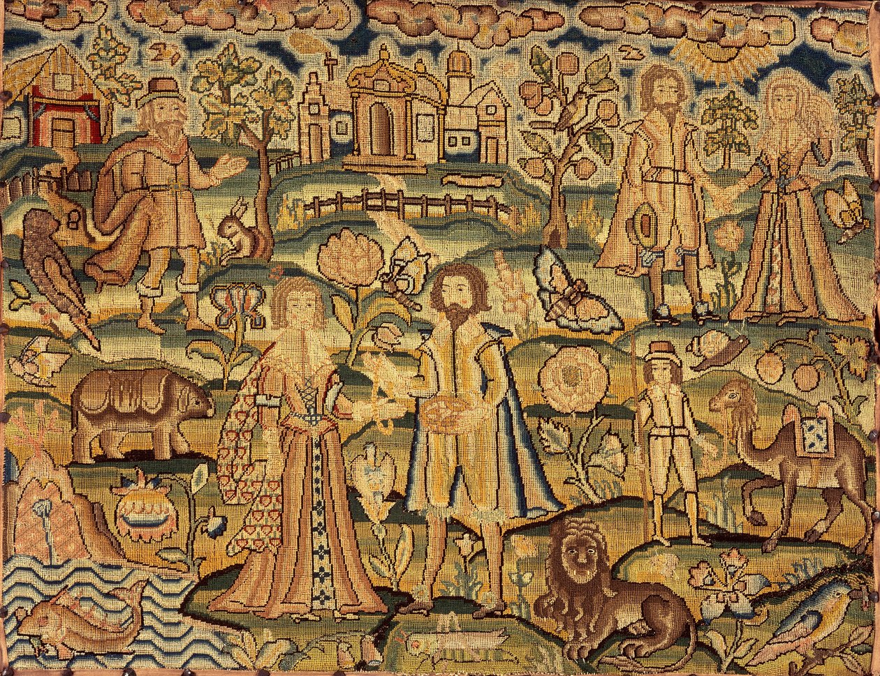 Embroidery Panel Showing People, Flowers, Insects, Fish and Animals by Unbekannt
