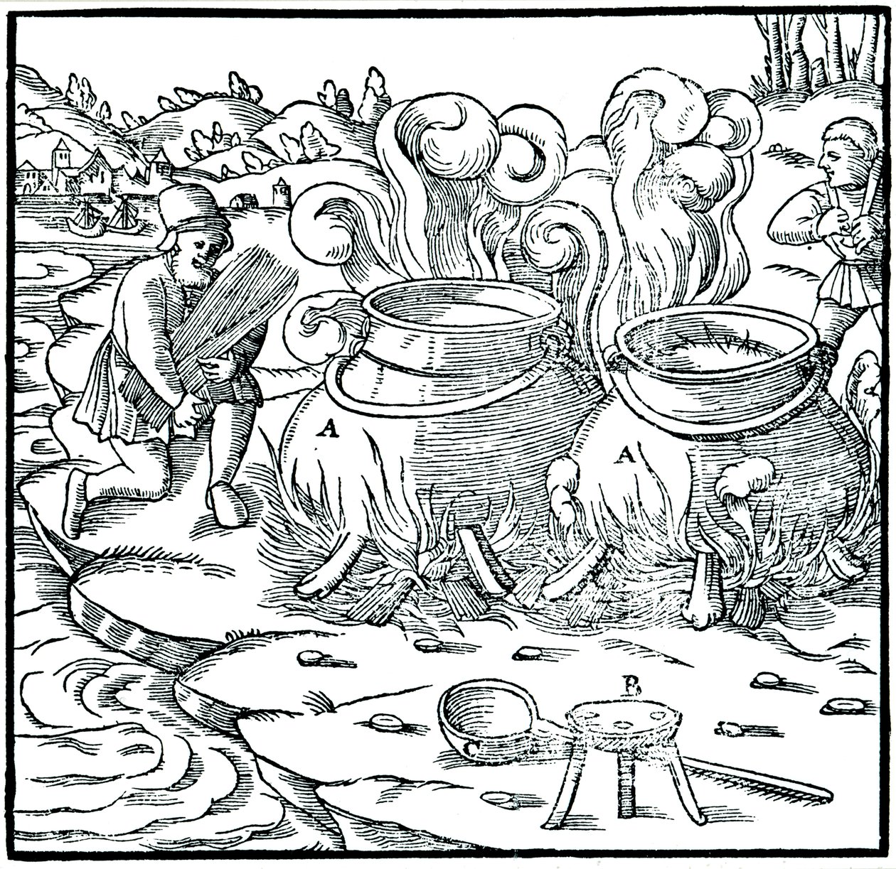 Evaporating sea water in iron pots to obtain salt, 1556 by Unbekannt