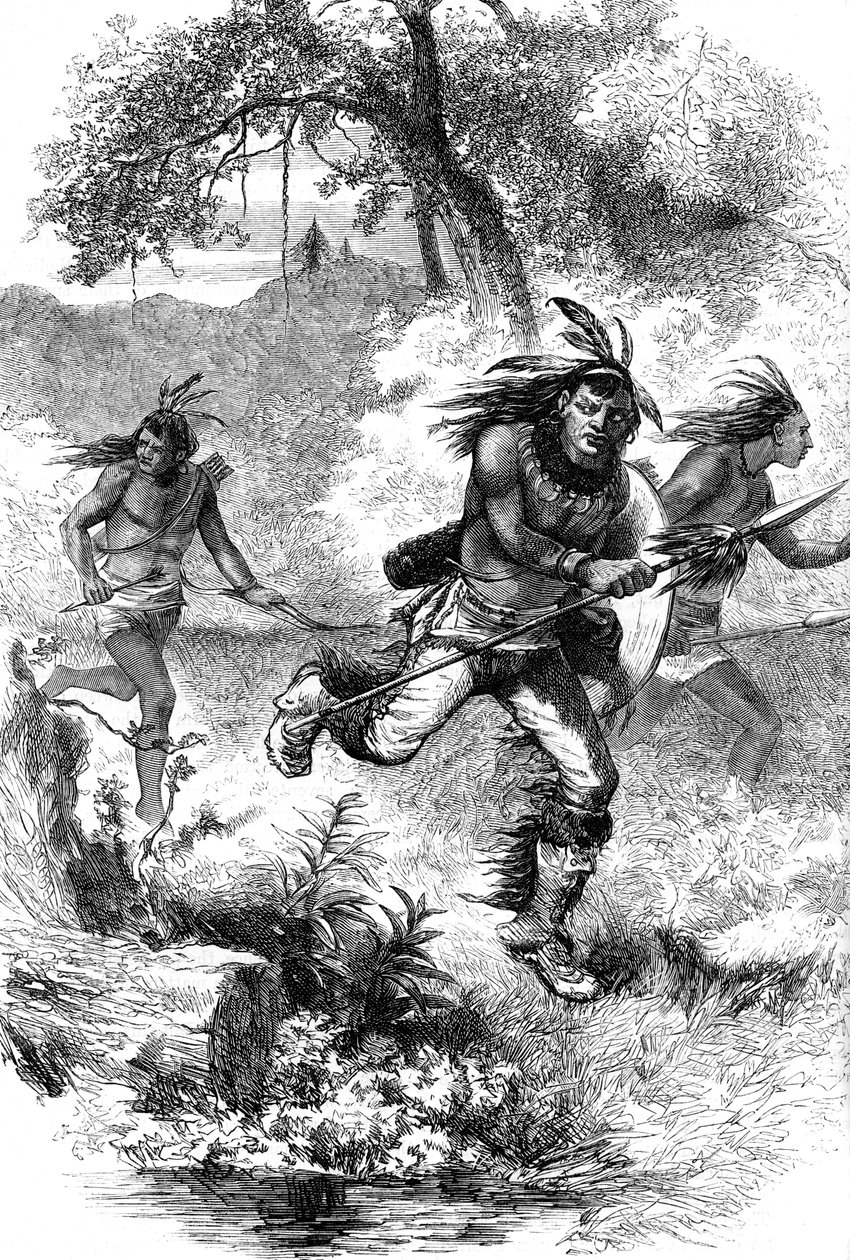 Flight of Native Americans after a massacre of settlers by Unbekannt