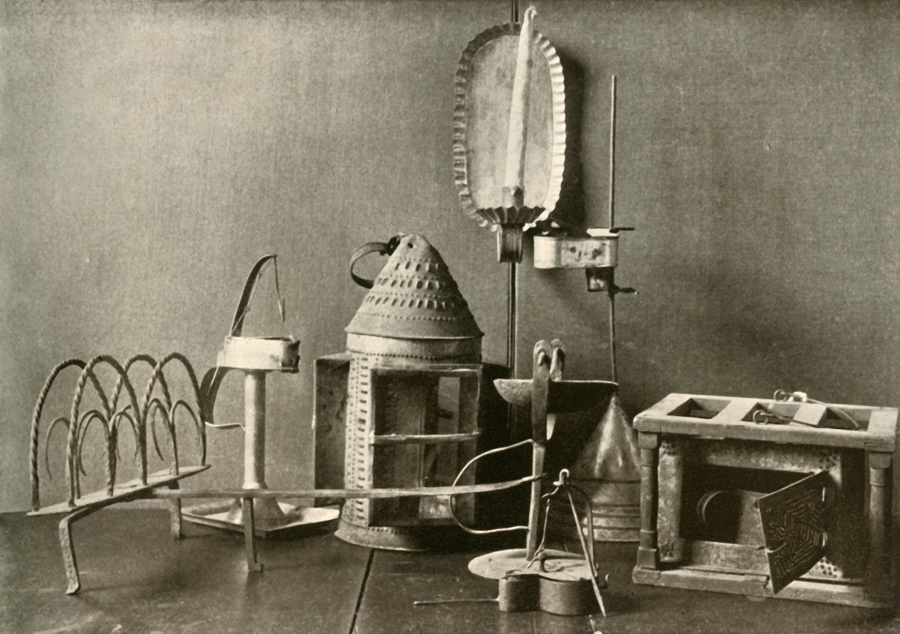 Foot-warmer, Oil Lamps, Candle Sconce, Tin Lantern, and Toaster, c18th Century, 1937 by Unbekannt