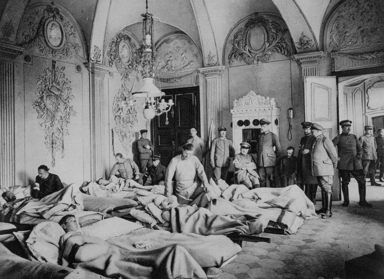 French and German wounded in a chateau in France, World War I, 1915 by Unbekannt