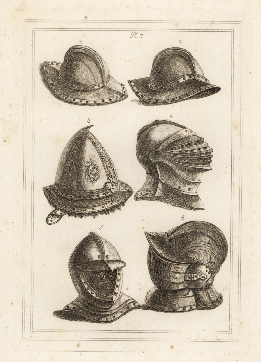 French iron pot helmet, engraved steel cap from the 16th century, large bright helmet, open helmet, ornamented helmet with visor by Unbekannt