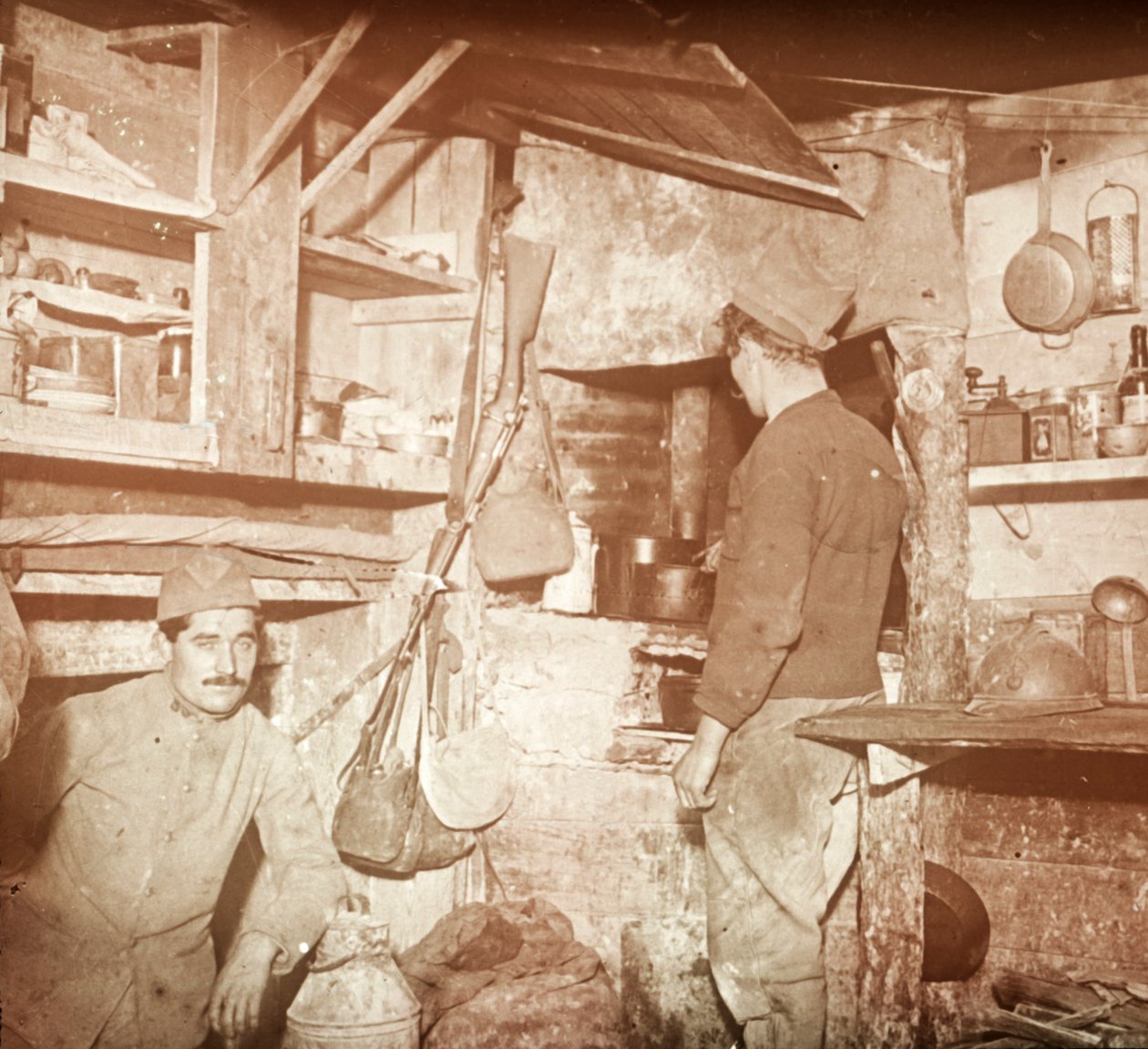 French soldiers in captured German officers kitchen by Unbekannt
