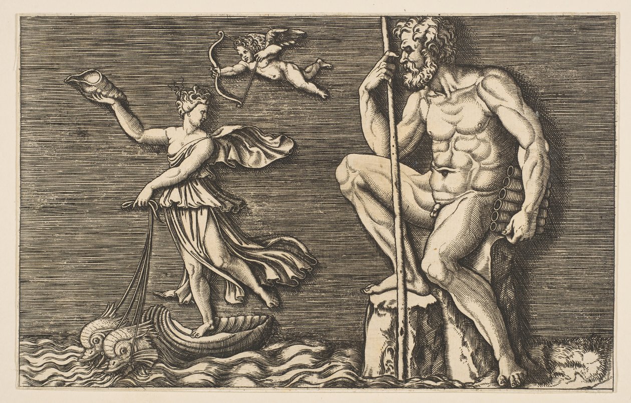 Galatea escaping Polyphemus, he is seated on a rock holding a staff and pipes by Unbekannt