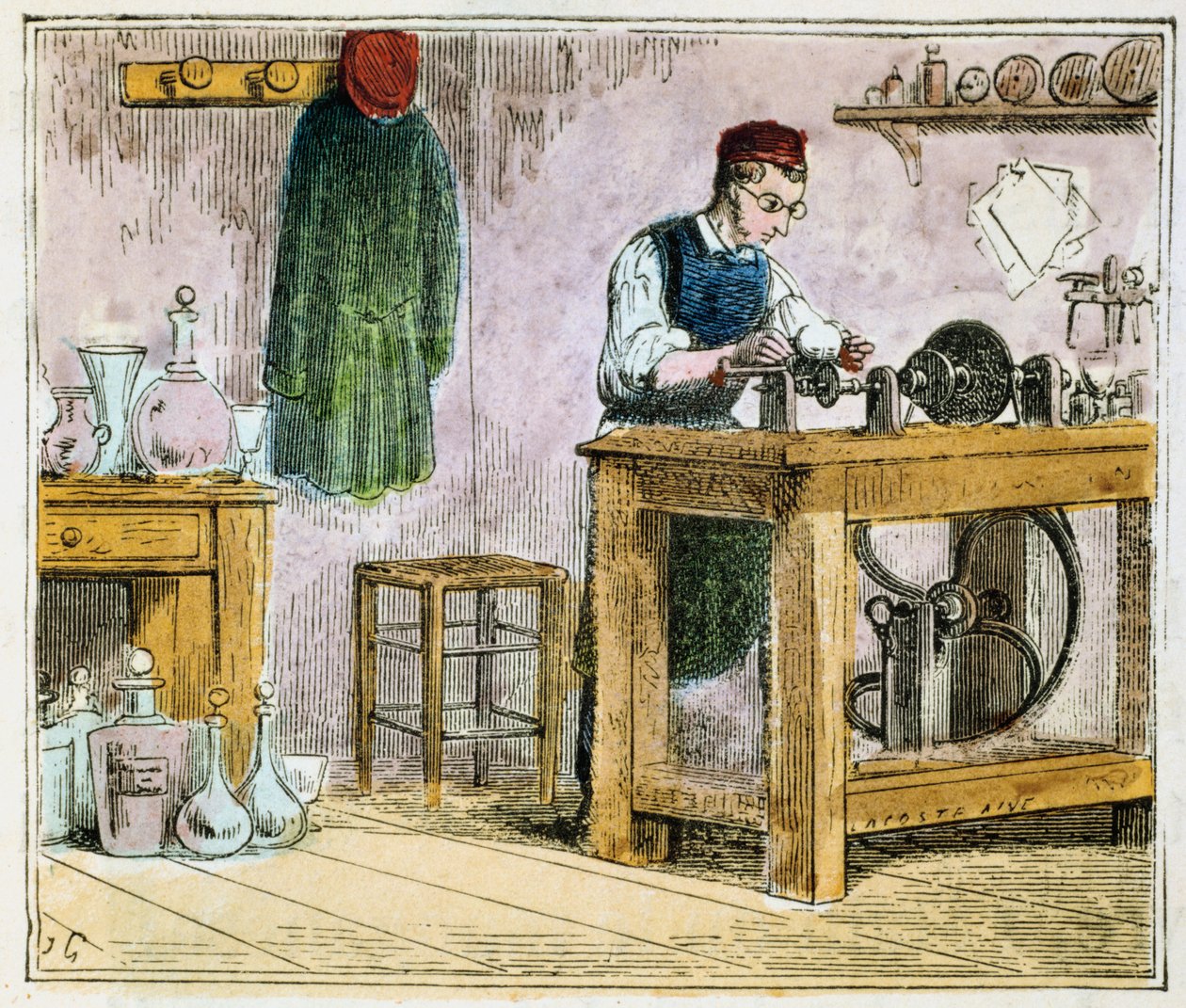 Glass cutter decorating tableware on a carborundum wheel, 1867 by Unbekannt