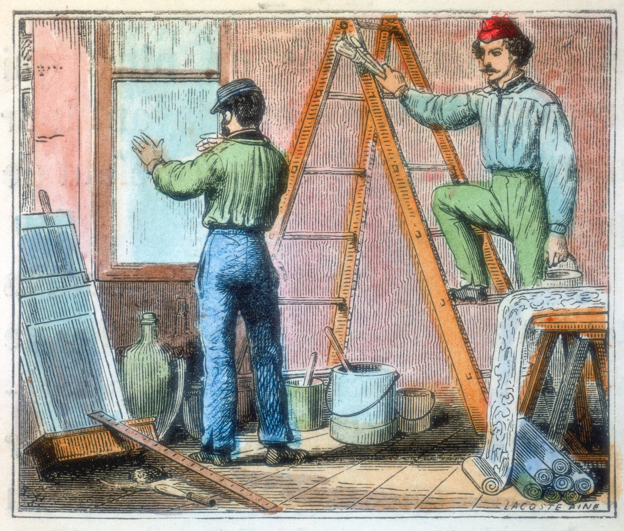 Glazier and Wallpaper Hanger Working in a House, 1867 by Unbekannt