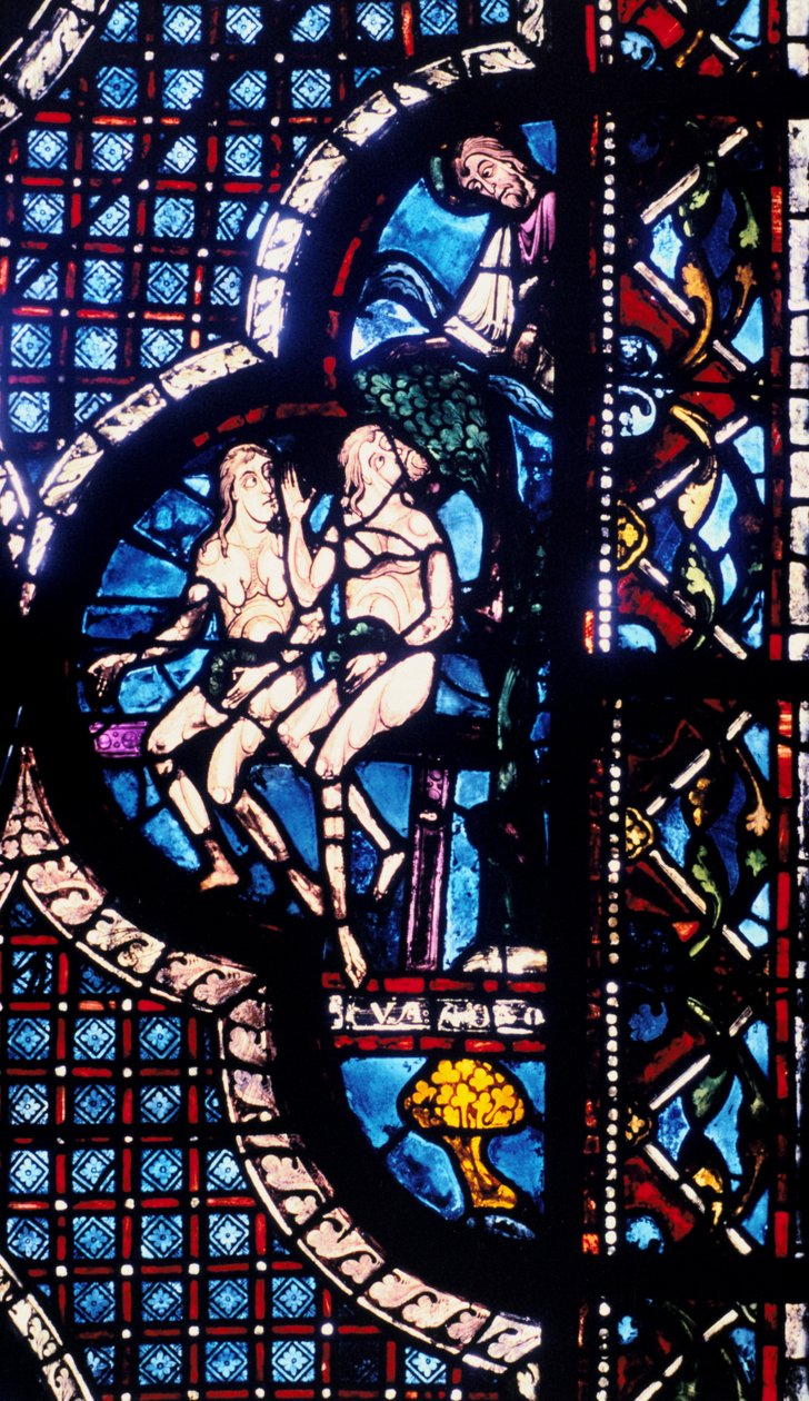 God confronts Adam and Eve, stained glass, Chartres Cathedral, France by Unbekannt