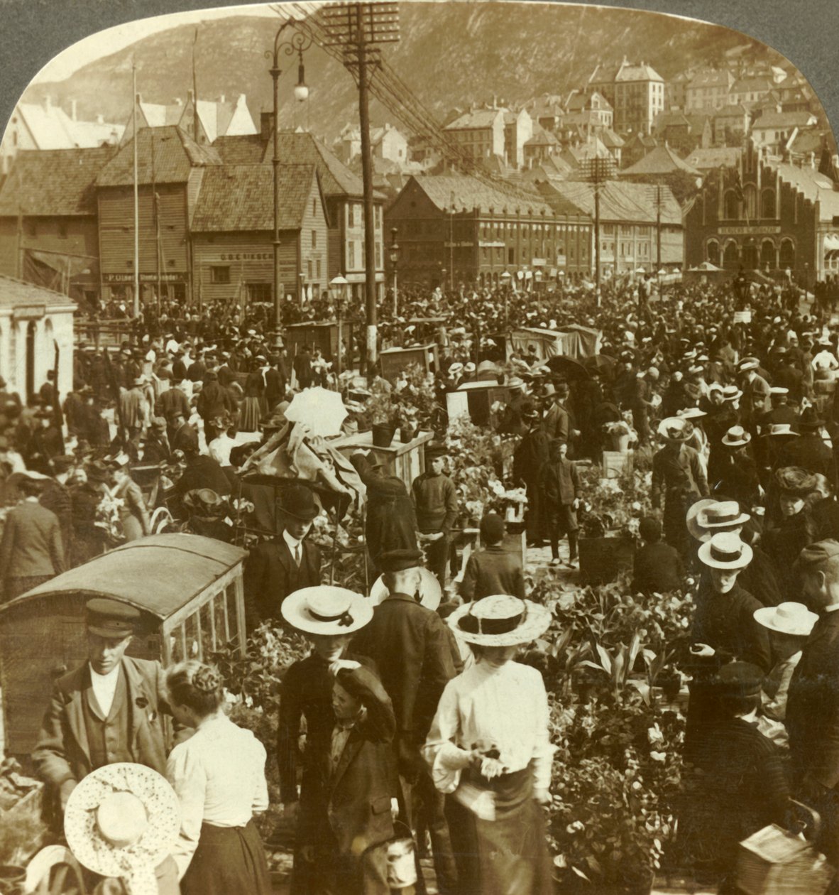 Great Market-Place of Busy Bergen, the Flower Market N. to the Fish Market, Norway, c. 1905 by Unbekannt