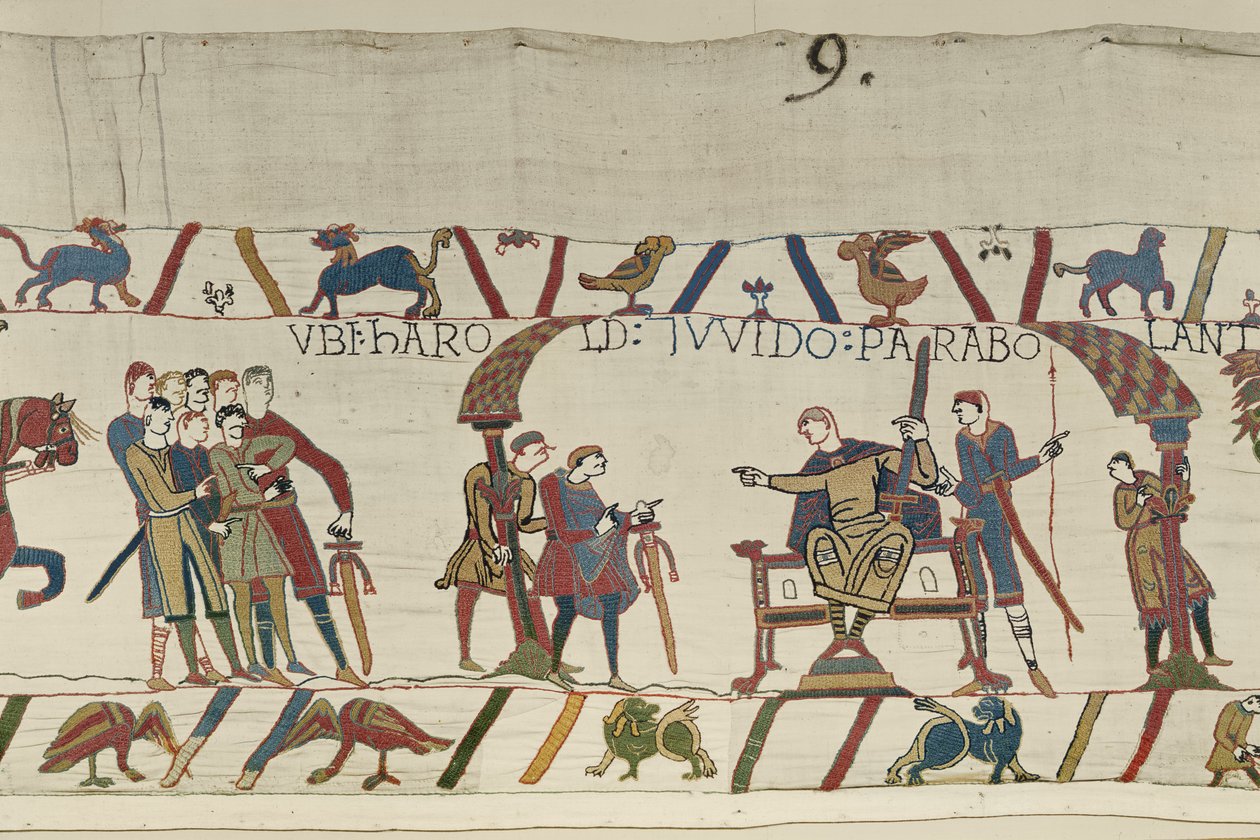 Harold and Count Guy of Ponthieu talking together at Beaurain, Bayeux Tapestry by Unbekannt