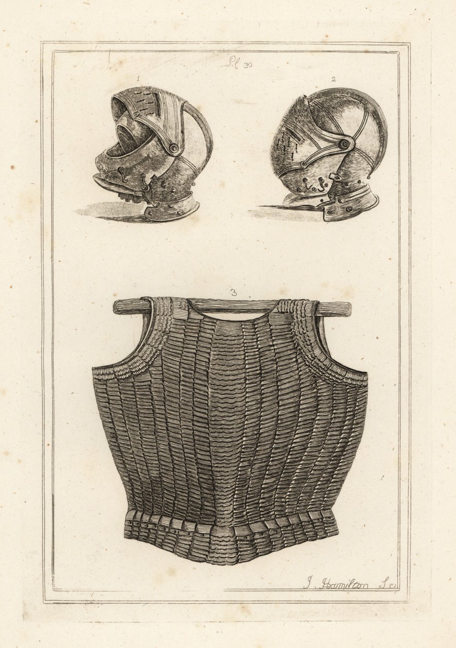 Helmet found at Bosworth Field, and flexible cuirass of metal laminae on leather said to have belonged to King Henry VIII by Unbekannt