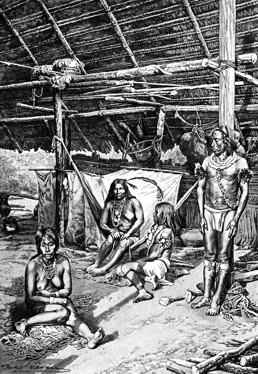 Inside a Ticuna hut, South America, 1895 by Unbekannt