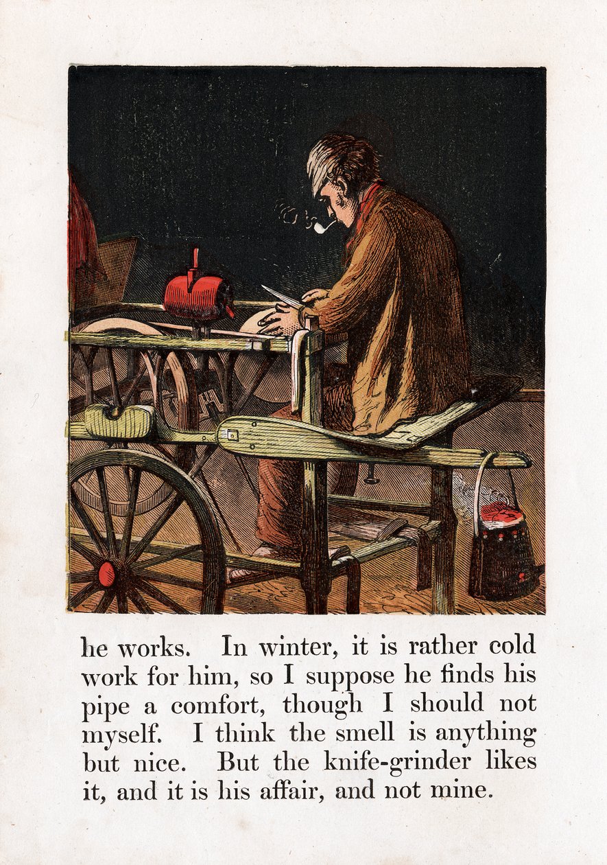 Itinerant knife grinder sharpening a blade by turning a grindwheel with a treadle by Unbekannt