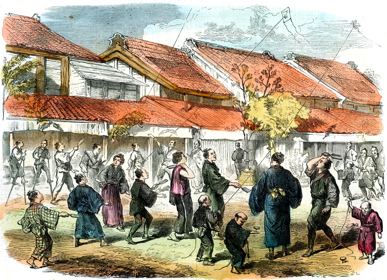 Japanese game of battledore and shuttlecock in the streets of Yokohama, 1865 by Unbekannt