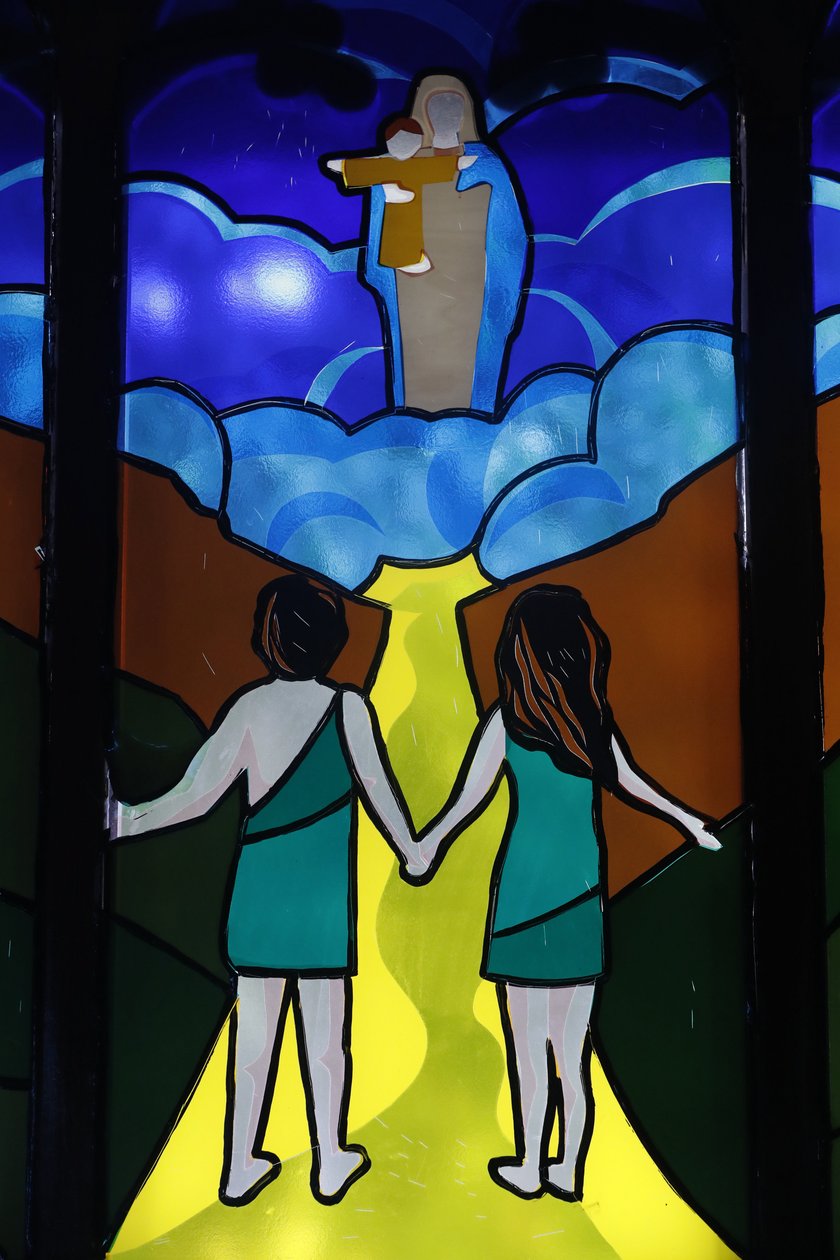 Adam and Eve, Expulsion from Paradise, Stained Glass Window, Kon Tum Cathedral, Kon Tum, Vietnam by Unbekannt